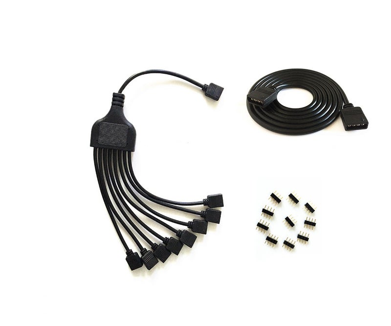 HUALAND 4 Pins black rgb LED Splitter Cable LED Strip Connector 8 Way Splitter Y Splitter for One to Eight RGB 5050 3528 LED Light Strips with,1m rgb wireï¼Œ10x male to male 4pin plugs - Image 1